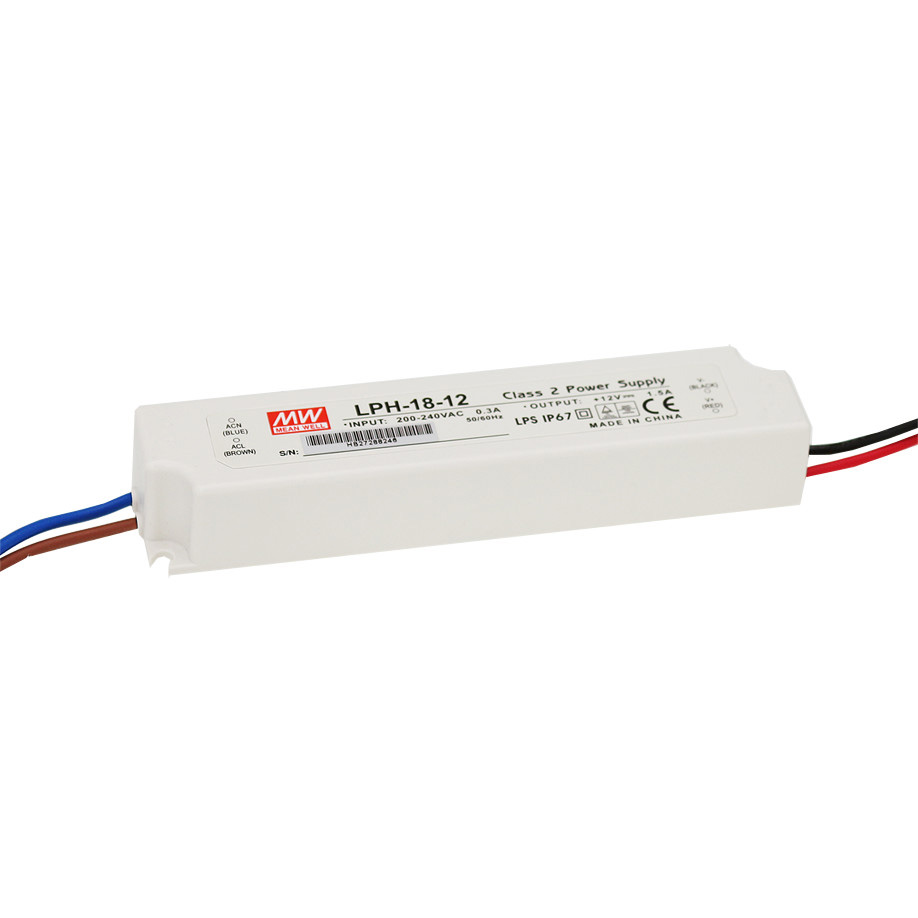 LPH-18-12 18Watt AC180~264V Input Mean Well High-efficacy Waterproof Constant Voltage DC12V UL-Listed LED Display Lighting Power Supply